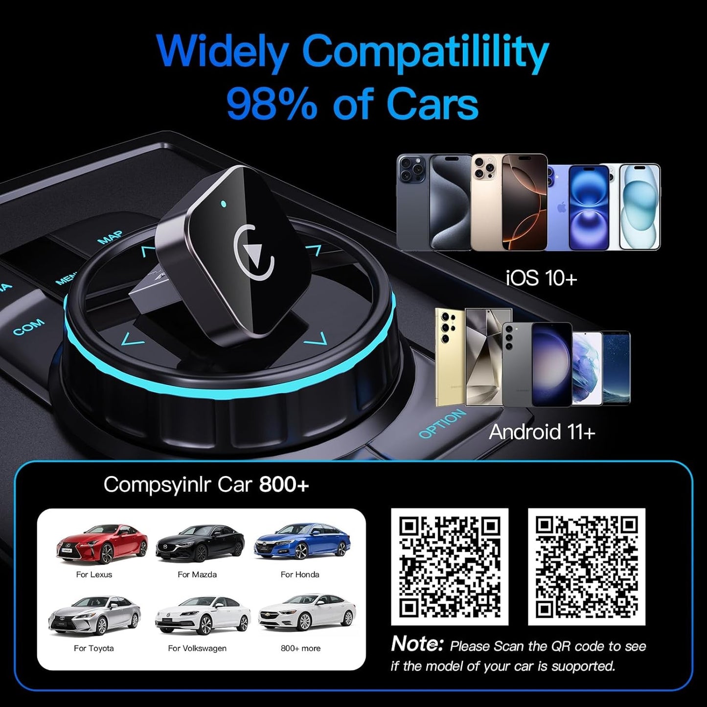 Adaptador Wireless CarPlay para Apple iPhone e Android